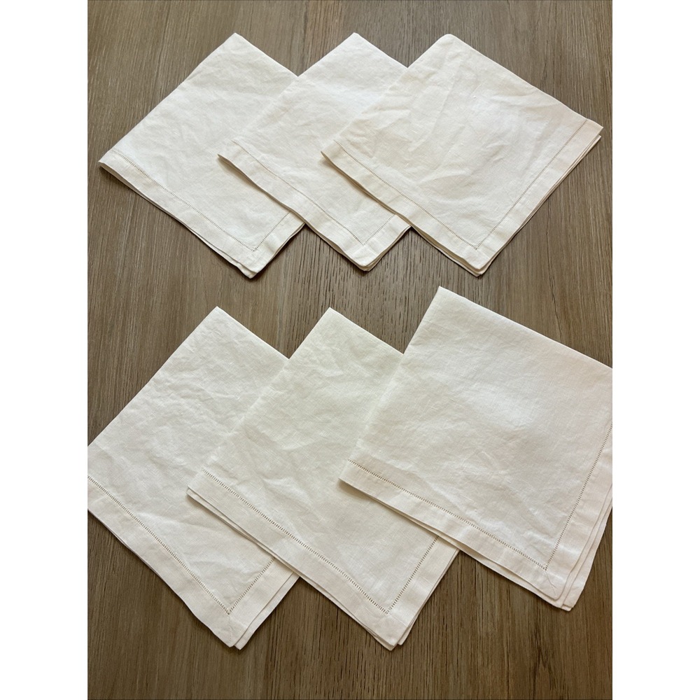 Sferra Cream Linen Dinner Napkins Hemstitched 17x17.5" SET/6 No Tags